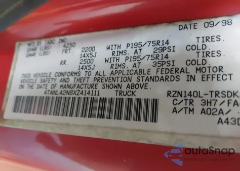 1999 Toyota Tacoma z USA, uszkodzony, nr VIN 4TANL42N8XZ414111